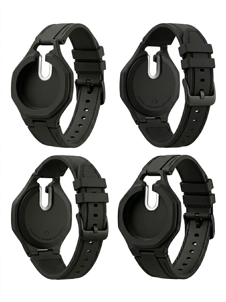 Black attachable strap for the Swatch x AP pocket watch shown from multiple angles